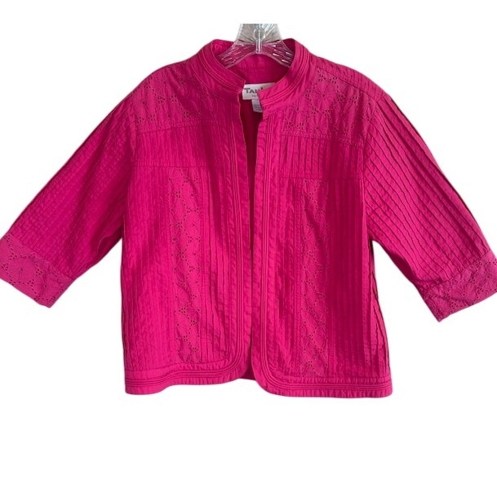 TanJay Women's Bright Pink Eyelet Open Front 3/4 Sleeve Jacket Blazer 6P Petite